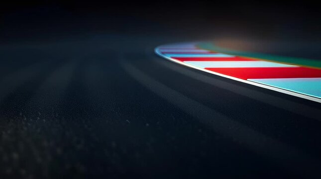 Racing track curbstone and asphalt corner dusk with dramatic light, curb racing track edge with red white stripes and textured asphalt low light