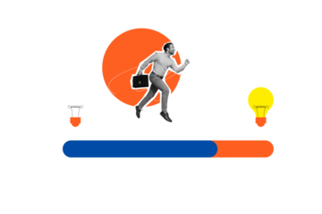 Creative image collage young man leader achieve goal aim target persistence lightbulb eureka idea invention career promotion businessman