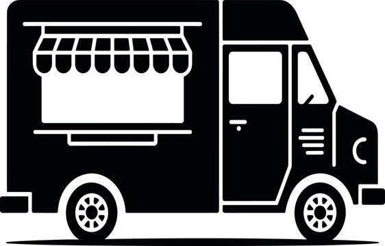 Simple Food Truck Icon with Awning - Mobile Cuisine Black Silhouette Vector