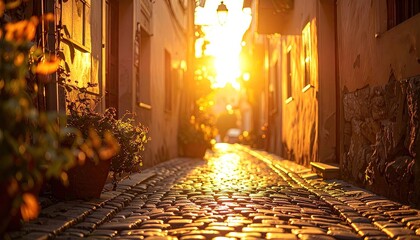 Narrow Cobbled Street Bathed in Warm Golden Sunset Light Aerial View Wide Angle Lens Showcasing Old European Architecture with Potted Plants Lining the Path