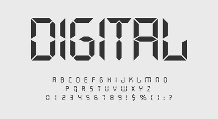 Digital font template. Alarm clock letters and numbers. Calculator digital text for a digital watch and other electronic devices.