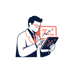 Professional man analyzing business data on a digital tablet with financial charts and graphs