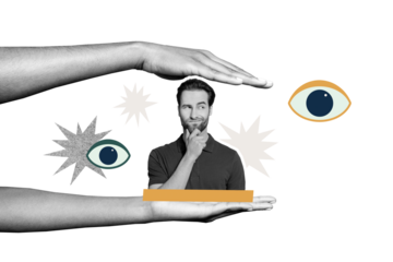 Composite art 3d creative image collage of suspicious guy think hands show palms eyeball vision stare control spy observer