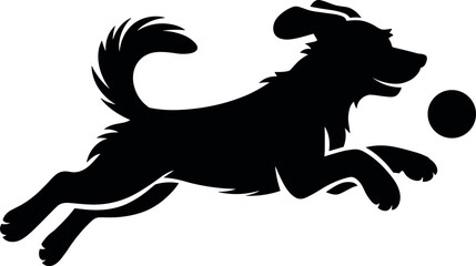 Playful Dog Jumping to Catch Ball - Black Silhouette Vector Illustration