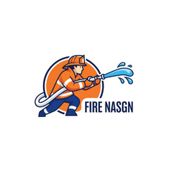 Cartoon firefighter holding hose spraying water emergency service protection graphic