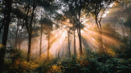 Breaking Through the Misty Forest Symbolizing New Beginnings with Sunlight Streaming through Trees
