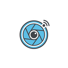 Digital vision and wireless connectivity icon featuring camera lens aperture and eye symbol