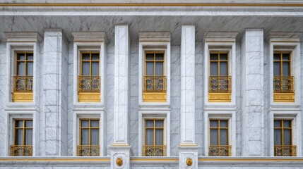 Obraz premium Elegant Marble Building with Golden Window Frames Showcasing Classic Architectural Beauty and Sophistication