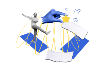 Composite photo collage of happy businessman walk promotion arrow point star hand success development isolated on painted background