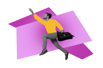 Trend artwork sketch design montage 3D collage of young guy run aim target goal hold suitcase office manager student abstract space