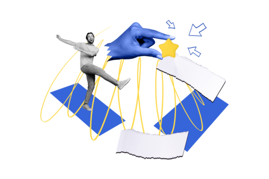 Composite photo collage of happy businessman walk promotion arrow point star hand success development isolated on painted background - Powered by Adobe