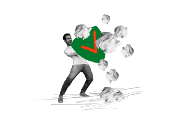 Composite photo collage of happy man hold antivirus protection shield hacked software crumpled paper attack isolated on painted background