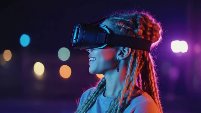 Young African American woman wearing virtual reality glasses in night city