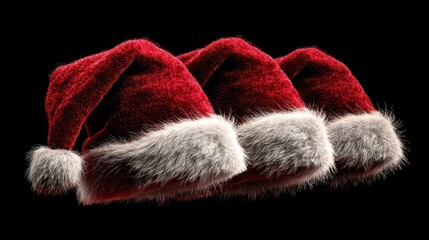 four red santa hats white fur trim festive christmas collection isolated on black background