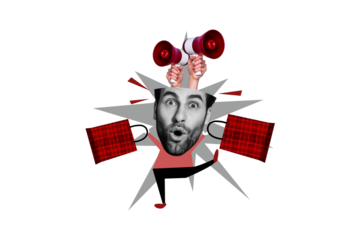 Composite photo collage of astonished man hold bags shopping sale megaphone announce black friday promo isolated on painted background