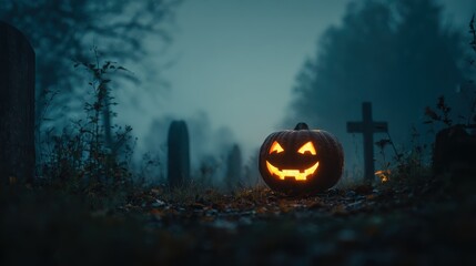 Naklejka premium lit jackolantern in foggy graveyard halloween scene spooky atmosphere autumn holiday dark mood mysterious ambiance