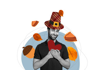 Composite photo collage of happy guy hold heart love icon thanksgiving day celebration autumn acorn leaves isolated on painted background