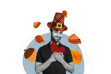 Composite photo collage of happy guy hold heart love icon thanksgiving day celebration autumn acorn leaves isolated on painted background