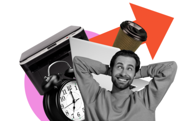 3D photo collage template trend artwork sketch of young man smile manager worker business human resources coffee break printer fax clock