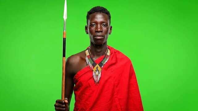 Portrait of Maasai Warrior in Red Shuka Holding Spear on Isolated Green Screen Background Confidently with Traditional Beadwork