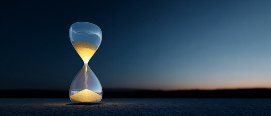 A sand timer is shown with the sands flowing down from top to bottom against a dark blue sky and water background