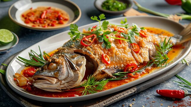 A whole fried fish garnished with herbs and chili peppers on an oval shaped serving plate