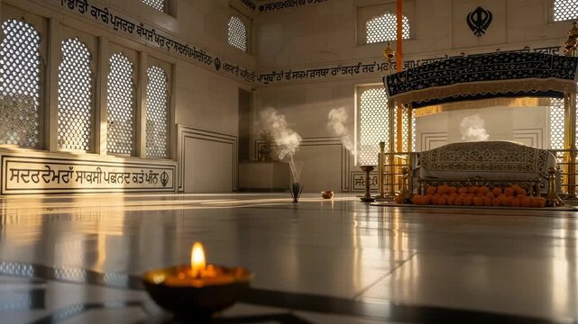 Guru Nanak Jayanti scene inside serene temple, depicting golden seat of honor with holy book in spacious hall. Guru Nanak Jayanti occasion is celebrated with candlelight and prayers,