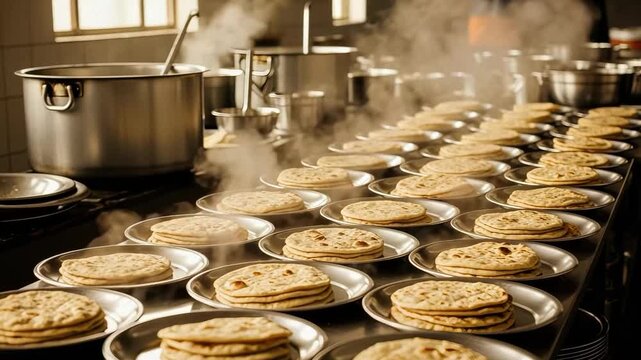 Guru Nanak Jayanti meal preparation showing roti served on plates. Guru Nanak Jayanti celebration includes roti stacks, steam rising from large pots, and organized plating for devotees.