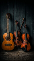 A classic guitar and 2 old violin is leaning against the black wooden wall.