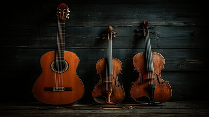 A classic guitar and 2 violin is leaning against the wooden wall.