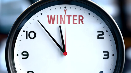 Winter that is going to happen soon. Incoming winter, approaching in the near future. Winter almost here, in a short time - a clock symbolizes a reminder that winter is near. ,3d illustration