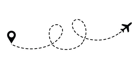 Airplane travel route illustration with map pin and dashed line