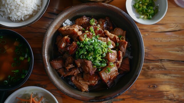 Overhead shot of japanese pork bowl with rice soup and green onions on a wooden table top view