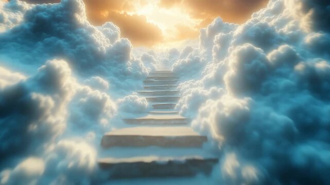 Inspirational background of a cinematic stairway ascending through clouds to a divine light in heaven.