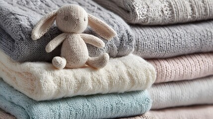 
Cozy Arrangement of Soft Infant Clothing and Pastel Blankets with a Knitted Bunny Rattle for Newborn Comfort 