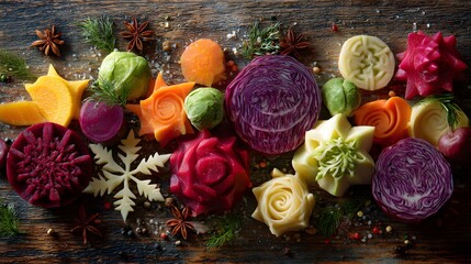 Exquisitely Crafted Vegetarian Winter Dish with Colorful Vegetable Carvings Perfect for Festive Culinary Experiences for Children