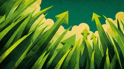 Artistic Representation of Stylized Green Arrows Emerging from Vibrant Grass to Embody Eco-Innovation and the Sustainable Environmental Movement