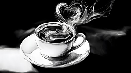 Elegant Black and White Coffee Cup Sketch with Intricate Heart-Shaped Swirling Steam and a Minimalist Vibe