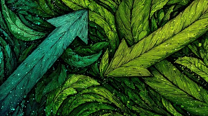 Detailed Illustration of Eco-Friendly Green Grass Arrows Representing Sustainable Environmental Growth Trends in a Vibrant, Modern, Organic Digital Artwork