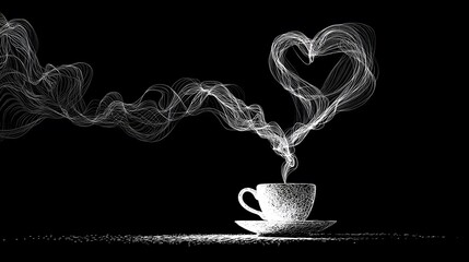 Abstract Coffee Cup Line Drawing with Delicate Heart-Shaped Steam Cloud in a Serene and Modern Artistic Style