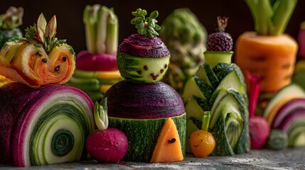 Creative Winter Vegetarian Sculpture Dish Showcasing Whimsical and Bright Vegetable Arrangements for Delightful Festive Celebrations
