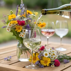 Pouring wildflowers into wine glasses: a summer still life