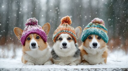 adorable corgis wearing colorful knitted hats in winter scenery with falling snow showcasing playful expressions in a serene outdoor setting