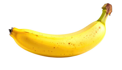 Solitary ripe banana, speckled with brown spots, curves against a solid black background