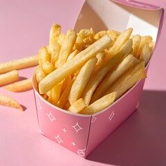 Gold French Fries in Pink Carton on Pink Background