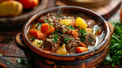 A rustic bowl filled with hearty beef stew featuring carrots potatoes and fresh parsley garnish steaming