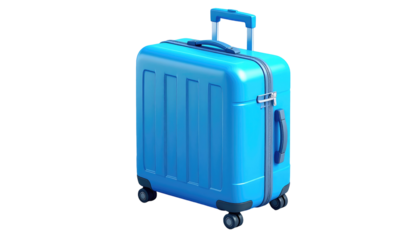 A light blue, cartoon-styled suitcase with a retractable handle, against a black background