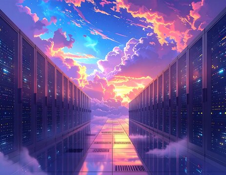 Digital server corridor leads to a vibrant sunset sky, blending technology with celestial beauty
