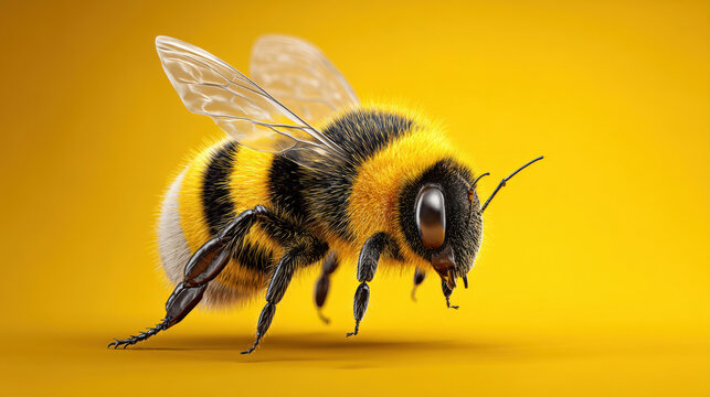 Bee, 3D illustration of a cute nice bee. yellow background. isometric view. minimalistic style, vibrant colors.