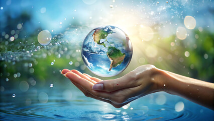 World in the hand, water splashing around, concept of environment protection